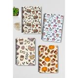 Qoeuyl Boutique Sonbahar Kitap Kahve ve Çiçek Temalı Tasarım Tel Spiralli 4'lü Hatıra, Günlük, Okul Defter Seti - 001-Renkli - A4 - Çizgili