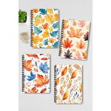 Qoeuyl Boutique Sonbahar Yaprakları No:1 Tasarım Tel Spiralli 4'lü Hatıra, Günlük, Ajanda, Anı, Okul Defter Seti - 001-Renkli - A4 - Kareli