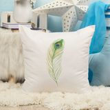 Qoeuyl Boutique Tavus Kuşu Tüyü Baskılı Hediyelik Elyaf Saten Dekoratif Yastık - 28 x 28 cm - Beyaz