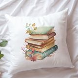 Qoeuyl Boutique Vintage Kitaplar Baskılı Hediyelik Elyaf Dolgulu Saten Dekoratif Yastık - 28 x 28 cm - Beyaz