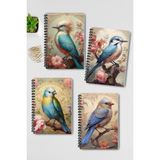 Qoeuyl Boutique Vintage Kuş Temalı No:1 Tasarım Tel Spiralli 4'lü Hatıra, Günlük, Ajanda, Anı, Okul Defter Seti - 001-Renkli - Çizgisiz - A4