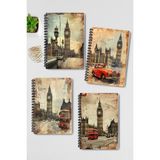Qoeuyl Boutique Vintage Londra Tasarım Tel Spiralli 4'lü Hatıra, Günlük, Ajanda, Anı, Okul Defter Seti - 001-Renkli - A4 - Kareli