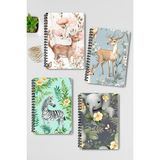 Qoeuyl Boutique Yavru Sevimli Hayvanlar No:1 Tasarım Tel Spiralli 4'lü Hatıra, Günlük, Ajanda, Okul Defter Seti - 001-Renkli - A4 - Çizgili