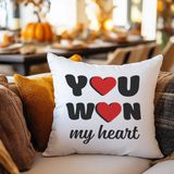 Qoeuyl Boutique You Won My Heart Baskılı Eş Sevgili Romantik Hediyelik Elyaf Saten Dekoratif Yastık - 28 x 28 cm - Beyaz