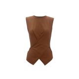 Qoolest Kadın Açık Kahve Kolsuz Triko Bluz Modern Kruvaze Detaylı Şık Üst
