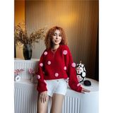 Qoolest Kadın Yünlü Saks Mavi Bisiklet Yaka 3D Papatya Kabartmalı Yumoş Dokulu Oversize Trend Triko Kazak - Kırmızı
