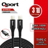 Qport 100W 3 mt Q-Type-C3 Type-C PD Hızlı Şarj Kablosu