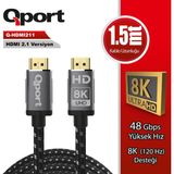 Qport Q-HDMI211 1.5 mt 2.1V 8K Altın Uçlu Örgülü HDMI Kablo