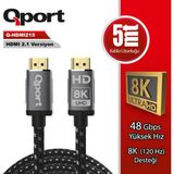 Qport Q-HDMI215 5 mt 2.1V 8K Altın Uçlu Örgülü HDMI Kablo