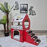 Qpr Design Xl Ahşap Evcil Hayvan Evi – Yılbaşı Temalı Kedi, Tavşan ve Küçük Köpek Kulübesi, Merdivenli Evcil Hayvan Şatosu - Kırmızı - Beyaz