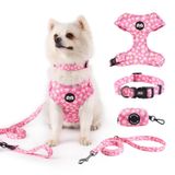 QQPETS Köpek Koşum Yaka Tasması Kaka Çanta Tutacağı ile 4 Parça Set, Ayarlanabilir Çekmez Yumuşak File Yastıklı Yelek Küçük Orta Büyük Evcil Hayvan Yavrusu Açık Hava Yürüyüşü için (Daisy Pink, XS