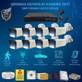 Qromax 8 Kameralı Set - Yapay Zeka Özellikli İnsan Yüz Araç Tanımalı Gece Renkli Gösteren 5 MP SONY Lensli 4 Warm Ledli FULLHD Güvenlik Kamerası Seti 3404W-108