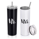 Qtencas Mr & Mrs Paslanmaz Çelik İnce Bardak Seti, Yalıtımlı Seyahat Bardağı, Yeni Evliler Çiftler için Hediye, Düğün Nişan Gelin Duşu, 590 ml Kapaklı Pipetli İnce Su Bardağı, Siyah Beyaz
