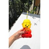 Qualitev 1 Adet Ayı Bardak Sarı Bereli Sarı Kırmızı Içecek Bardağı Pipetli Bardak Cam Ayıcık Matara - 500 ml