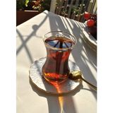 Qualitev 12 Parça Yaldızlı Cam Çay Takımı Porselen Çay Seti Çay Bardağı - Pera 6 Kişilik - Şeffaf - Beyaz - 0 - 499 ml