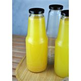Qualitev 2 Adet 1 Litre Şeffaf Sürahi Süt, Ayran, Su, Limonata, Meşrubat Şişesi Metal Siyah Kapaklı Cam Şişe - 1 lt