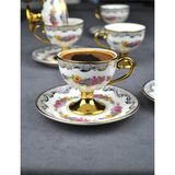 Qualitev 2 Kişilik Porselen Pembe Çiçekli Vintage Gold Ayaklı Kahve Fincan Takımı 90 ml - Altın