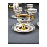 Qualitev 2 Kişilik Porselen Pembe Çiçekli Vintage Gold Ayaklı Kahve Fincan Takımı 90 ml