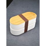 Qualitev 2\'li Ahşap Kapaklı Lunch Box Saklama Kabı ve Beslenme Kutusu - 2X500 ml - Krem