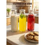 Qualitev 3 Adet 1 Litre Şeffaf Cam Sürahi Limonata, Süt, Ayran, Su ve Meşrubat Şişesi Plastik Kapaklı Şişe - Beyaz - 1 lt