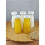 Qualitev 5 Adet Beyaz Plastik Kapaklı Cam Şişe 200 ml Şeffaf Sürahi Süt, Ayran, Su, Limonata Meşrubat Şişesi