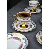 Qualitev 6 Kişilik Porselen Pembe Çiçekli Vintage Gold Ayaklı Kahve Fincan Takımı 90 ml - Altın