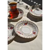 Qualitev 6\'lı Porselen Çay Tabağı Altın Işlemeli Kırmızı Lale Gold 12 cm Çay Tabak Seti -Redlal