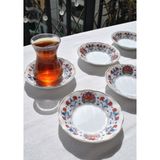 Qualitev 6\'lı Porselen Çay Tabağı Etnik Vintage Çini Motifli Çay Tabak 10 cm - Ahura - Kırmızı - Mavi