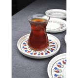 Qualitev 6\'lı Porselen Çay Tabağı Yaldızlı Lale Motifli Gold Çay Tabak Çini Desen-Tuna - 10 ml - Renkli