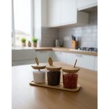 Quanco 3'lü Baharatlık,reçellik-Bambu Kabak-Bambu Stand/borosilikat Cam/ Baharat Etiketi Hediyeli/şık Tasarım/ - Şeffaf Ahşap