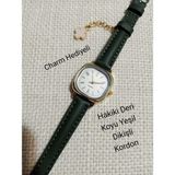 Quartz Kadın Kol Saati Vintage Gold Kasa- Oval Model- Hakiki Deri Koyu Yeşil Dikişli Kordon TT0054 - 20 cm