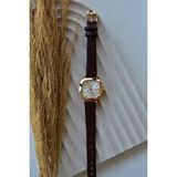 Quartz Minimal Vintage Yeni Siyah Deri Kayışlı Yuvarlak Kadın Kol Saati - Koyu Kahverengi