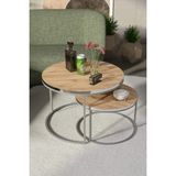 Quattro Home Gümüş Metal Ayaklı Ceviz Desenli 2'li Yuvarlak Orta Sehpa Seti