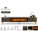 Quattro Home Luna Elektrikli Şömineli Tv Ünitesi 160 cm Koyu Ahşap Gold Ayaklı Modern Tv Sehpası - Kahverengi