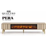 Quattro Home Pera Elektrikli Şömineli Tv Ünitesi 160 cm Kumsal Bej Gold Metal Ayaklı Modern Tv Sehpası