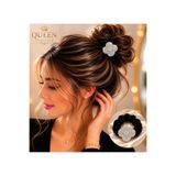 QUEEN AKSESUAR Kristal Taşlı metal yonca çiçekli süslü Kadife Lastik Toka Siyah Scrunchie Saç Tokası