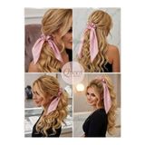 QUEEN AKSESUAR Saten Fularlı Scrunchie Saç Tokası açık Pembe Taş Detaylı Uzun Sarkıtlı Lastik Toka