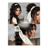 QUEEN AKSESUAR Saten Fularlı Scrunchie Saç Tokası kırk beyaz Taş Detaylı Uzun Sarkıtlı Lastik Toka