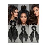 QUEEN AKSESUAR Saten Fularlı Scrunchie Saç Tokası siyah Taş Detaylı Uzun Sarkıtlı Lastik Toka