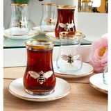 Queen Bee 12 Parça Çay Takımı | 6 Kişilik Cam - Porselen Çay Seti | Arı Desenli Şık Sunum Takımı
