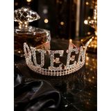 Queen Rose Gold Taşlı Lüks Taç Parti Kostüm Doğum Günü Aksesuarı Dekoru