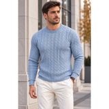 Quhox Erkek Bisiklet Yaka Saç Örgü Triko Kazak Uzun Kollu - Mavi - XL