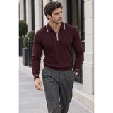 Quhox Erkek Fermuarlı Polo Yaka Uzun Kollu Triko Kazak - Bordo - XL