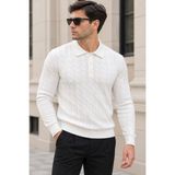 Quhox Erkek Saç Örgü Desenli Polo Yaka Uzun Kollu Triko Kazak - Ekru - M