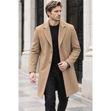 Quhox Erkek Uzun Kaşe Kaban Kruvaze Yaka Iki Düğmeli Cepli - Camel - 2XL