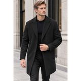 Quhox Erkek Uzun Kaşe Kaban Kruvaze Yaka Iki Düğmeli Cepli - Siyah - 2XL