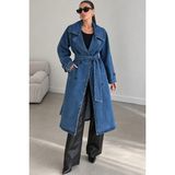 Quhox Kadın Kuşaklı Kruvaze Yaka Oversize Uzun Denim Trençkot Mavi - 40