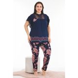 Quilling Lacivert Renk Çiçek Desenli Lady 10924 Kısa Kollu Kadın Büyük Beden Pijama Takımı