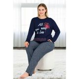 Quilling Lacivert Renk Desenli Lady 11396 Kadın Uzun Kol Büyük Beden Penye Pijama Takımı