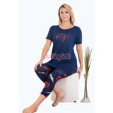 quilling Lacivert Renk ve Çiçek Desenli Pamuklu Kadınların Tercihi Lady 12074 Kapri ve Taytlı Pijama Takımı
